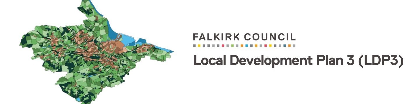 A colourful mosaic map of the Falkirk Council area. The Council's logo and the words  'Local Development Plan  3' are shown next to the map. 
